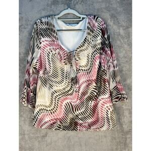 Y2K Dressbarn Blouse 2X Abstract Chiffon Ruffle Collar 3/4 Ruffle Sleeve